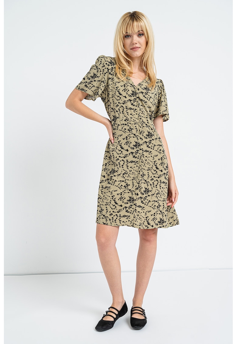 Rochie cu decolteu in V si imprimeu floral - Negru/Kaki