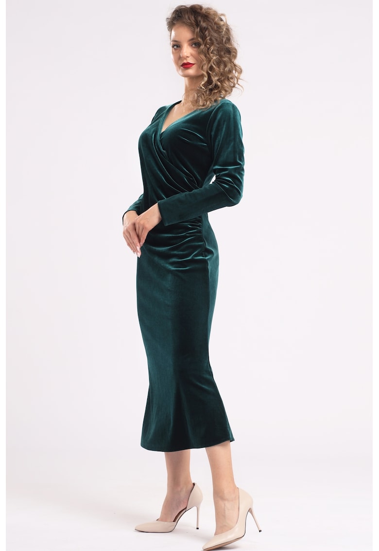 Rochie midi cu aspect de catifea si decolteu cache-coeur - Verde