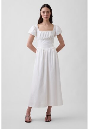 Rochie Empire din amestec de in cu decolteu patrat - Alb