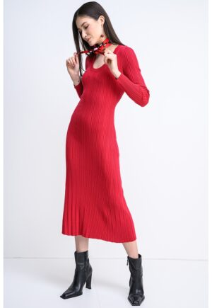 Rochie midi cu decolteu rotund si striatii - Rosu inchis