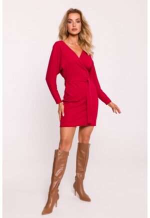 Rochie mini texturata cu decolteu cache-coeur - Rosu