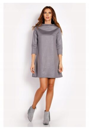Rochie Dama -  L006 - Trapez Mini - Decolteu Tip Cascada - Maneci 3/4 - Usor Evazata - Tesatura Confortabila cu Vascoza si Elastan - Eleganta - Ideala Intalniri - Gri - Gri