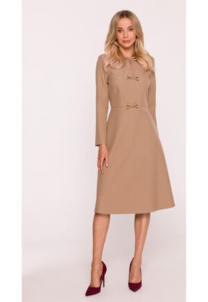 Rochie midi - S413 Bej decolteu maneci lungi - decorative - Poliester - Trapezoidala - Bej