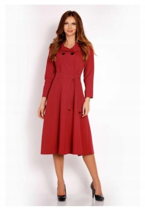 Rochie Dama -  L016 - Marime S - Material 60% Poliester - 35% Viscoza - 5% Elastan - Lungime Midi - Maneca Lunga - Curea In Talie - De Inalta Calitate - Rosu