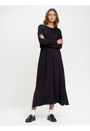 Rochie evazata din modal cu maneci cazute - Negru