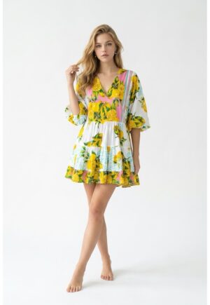 Rochie scurta de vara din bumbac alb cu imprimeu Amalfi roz cu lamai galbene - Alb/Galben/Roz