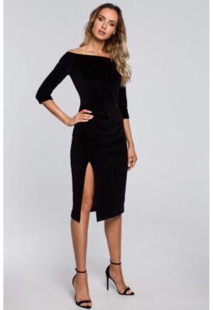 Rochie midi din catifea cu decolteu barcuta si deschidere laterala - - Negru