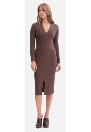 Rochie creion - B307 maro maneci lungi - decolteu in V - dantela - fara captuseala - lungime midi - Maro