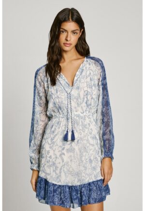 Rochie cu model si decolteu in V - Alb fildes/Bleumarin