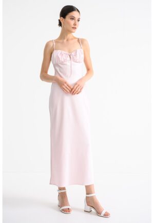 Rochie midi satinara cu bretele elastice - Roz pastel