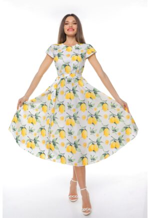 Rochie midi cu croiala evazata si maneci scurte - Alb/Verde/Galben