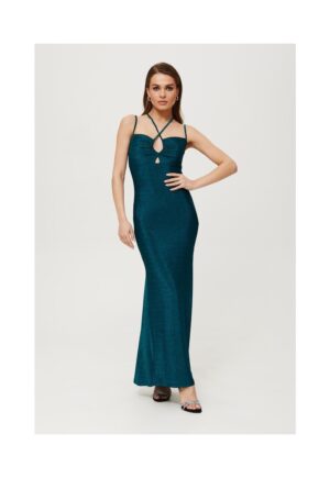 Rochie dama - maxi metalica cu cravata la decolteu - Poliester - Albastru - Marin
