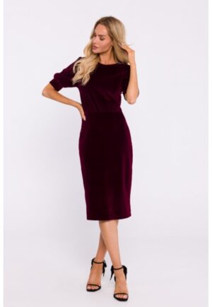 Rochie din velur cu maneci scurte - Visiniu