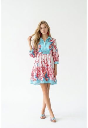 Rochie tip camasa scurta de vara din bumbac cu imprimeu multicolor Amalfi - Rosu/Alb/Albastru