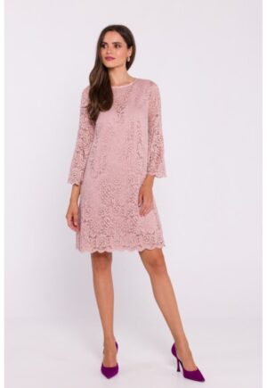 Rochie dantelata in doua straturi - tip trapez - Roz pudrat
