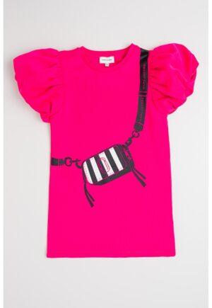 Rochie cu maneci scurte si imprimeu - Negru/Fucsia