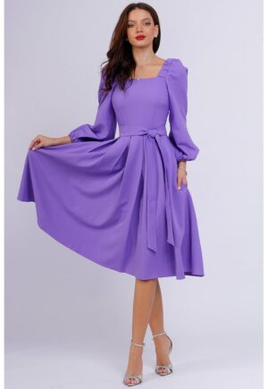 Rochie midi cu croiala in A si maneci bufante - Lila