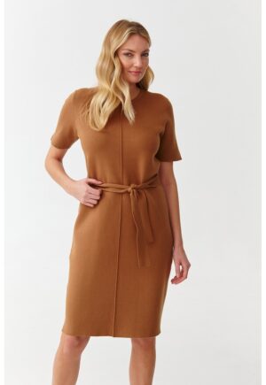 Rochie cambrata din tricot cu cordon in talie Jennifer - Caramel