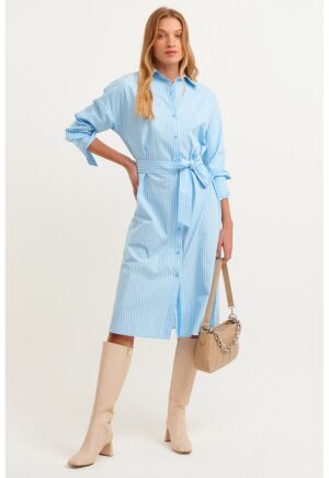 Rochie-camasa midi cu model in dungi si cordon in talie - Albastru glaciar