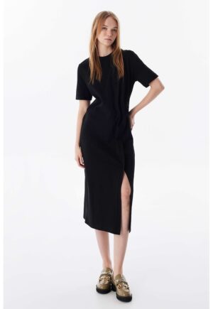 Rochie midi din bumbac cu slit - Negru