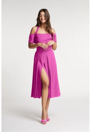 Rochie evazata din amestec de in cu slit lateral adanc Chimera - Roz orhidee