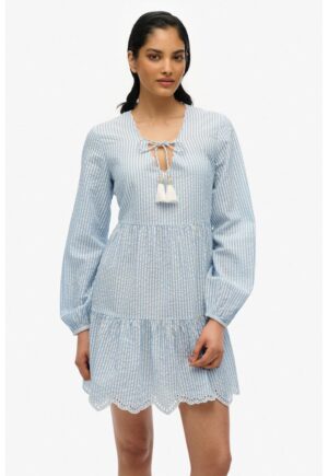 Rochie de bumbac cu mansete elastice - Alb/Albastru deschis