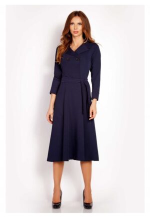 Rochie Dama -  L016 - Material 60% Poliester - 35% Viscoza - 5% Elastan - Lungime Midi - In Curea In Talie - Albastru inchis