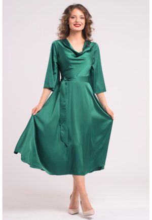 Rochie din satin cu decolteu drapat - Verde
