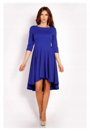 Rochie Dama -  L004 - Asimetrica Evazata Midi - Maneci 3/4 - Usor Evazata la Baza - Tesatura Confortabila cu Elastan - Croiala Clasica Eleganta - Ideala la Birou - Albastru - Marime