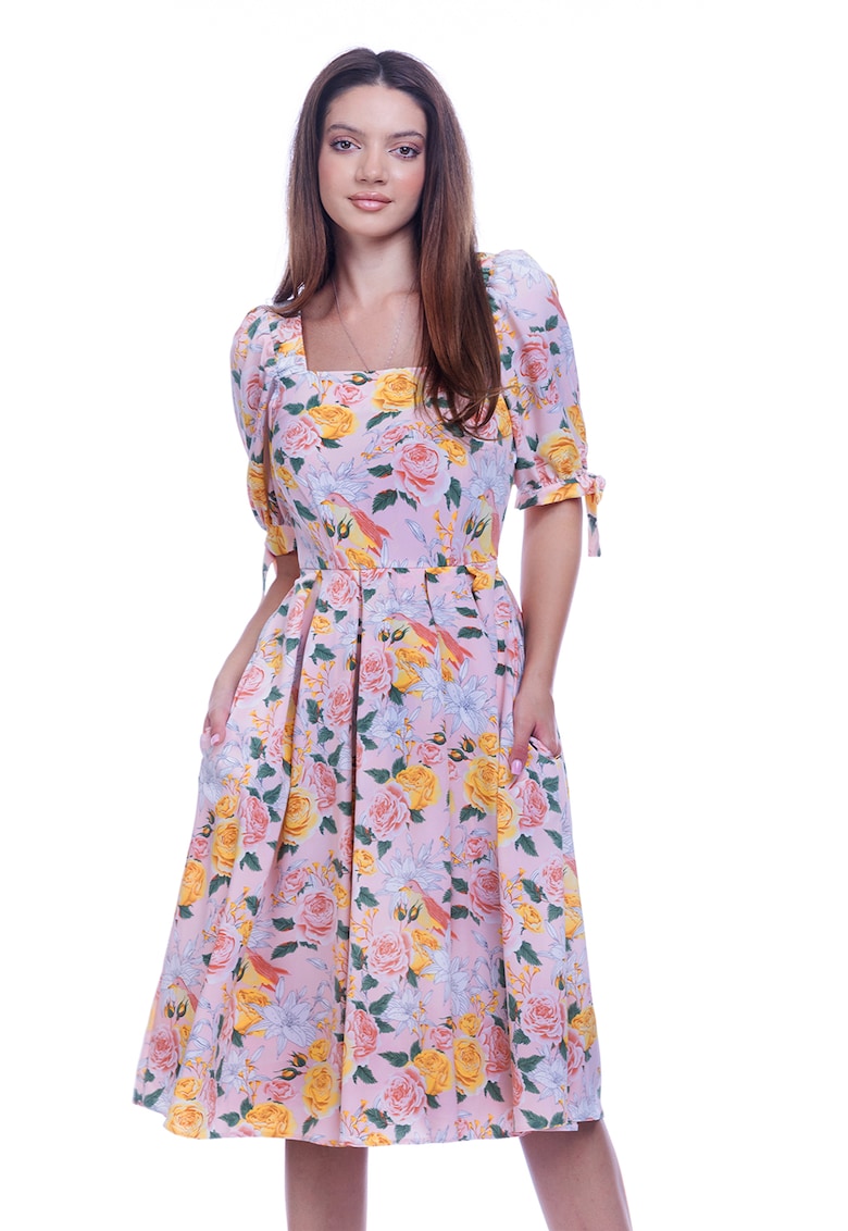 Rochie cu model floral si buzunare laterale - Verde/Galben/Roz