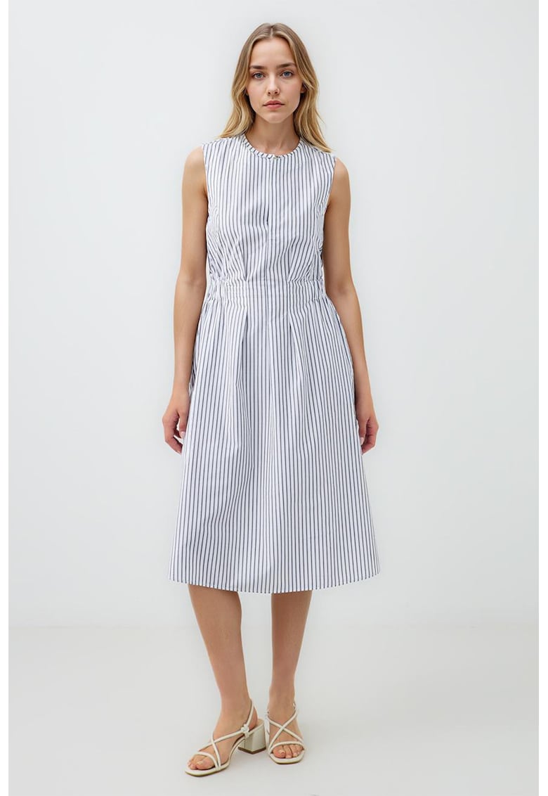 Rochie midi evazata de bumbac - Alb/Albastru inchis