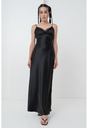 Rochie-furou maxi din satin cu detalii de dantela - Negru