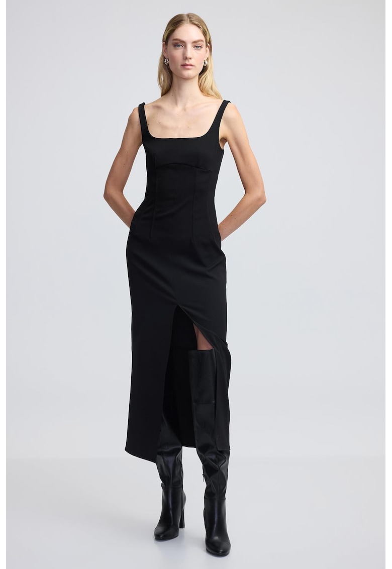 Rochie midi cu slit frontal - Negru