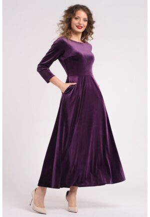 Rochie cu aspect de catifea si buzunare laterale - Mov inchis