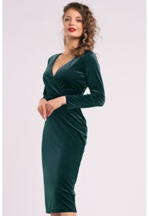Rochie midi cu aspect de catifea - croiala cambrata si decolteu in V - Verde