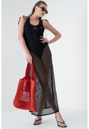 Rochie maxi din plasa cu slituri laterale - Negru