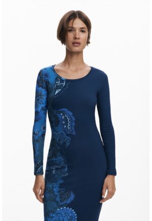 Rochie midi cambrata cu model floral - Albastru inchis/Albastru royal