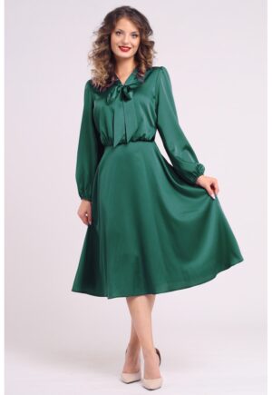 Rochie din satin cu funda din panglici - Verde
