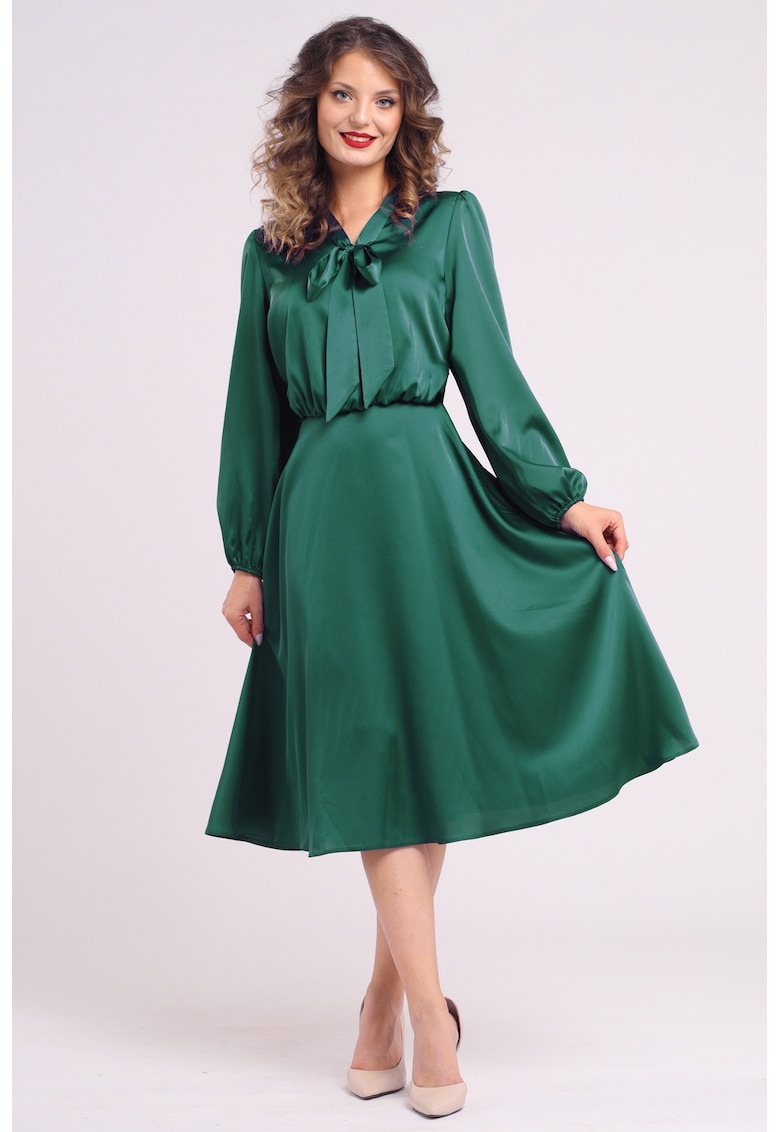 Rochie din satin cu funda din panglici - Verde