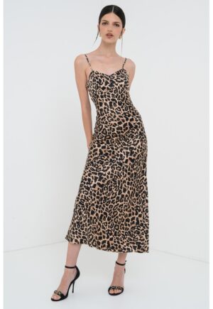 Rochie lunga de satin - Negru/Maro deschis