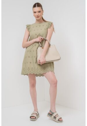 Rochie scurta din bumbac organic cu aspect perforat - Kaki