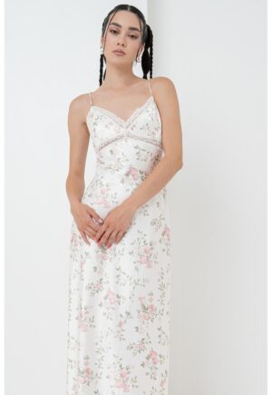 Rochie-furou maxi din satin cu detalii de dantela - Verde pal/Roz prafuit