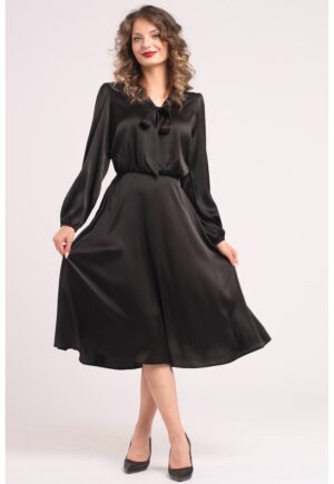 Rochie din satin cu funda din panglici - Negru