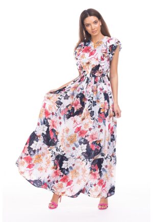 Rochie maxi evazata cu volane - Alb/Coral/Bleumarin