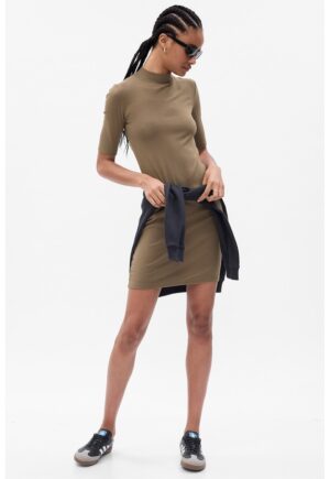 Rochie cambrata din amestec de modal cu guler scurt - Kaki