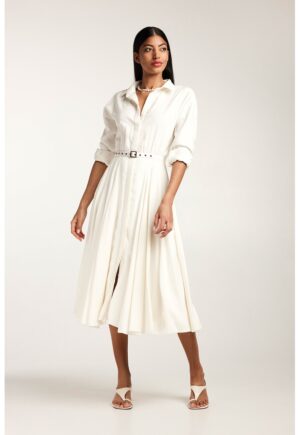 Rochie-camasa midi cu pliuri si o curea - Alb murdar