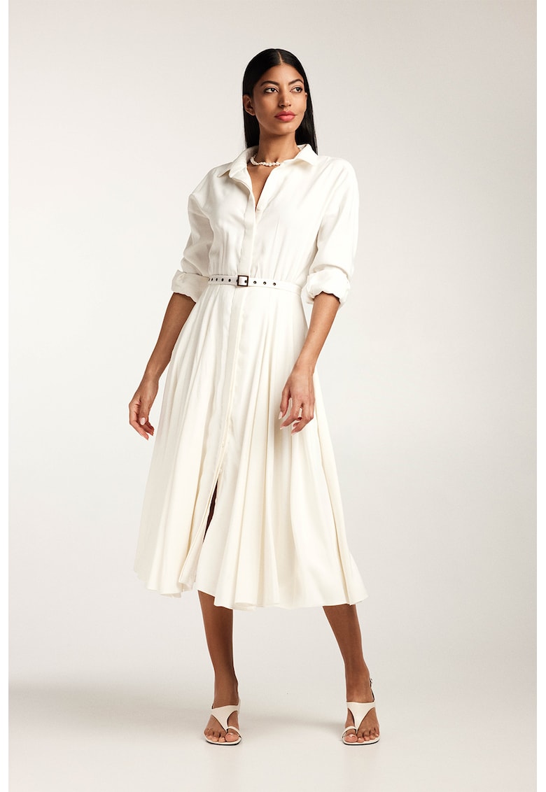 Rochie-camasa midi cu pliuri si o curea - Alb murdar