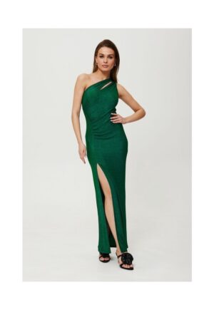 Rochie dama - maxi metalica cu decolteu in forma de lacrima - Poliester - Gri - Smarald