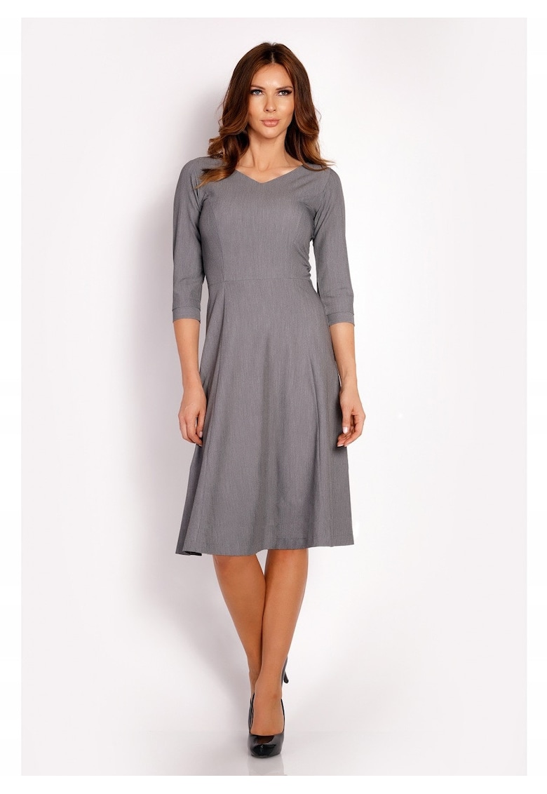 Rochie Dama - L014 - Trapez - Eleganta - Maneci 3/4 - Croiala Evazata - Lungime Mini - Tesatura Confortabila cu Vascoza si Elastan - Fason Clasic - Ideala Iesiri - Gri