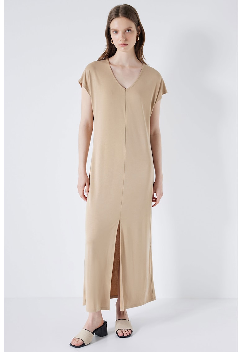 Rochie din amestec de modal cu croiala dreapta si slit frontal - Bej